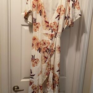 Leith Cream Wrap Midi Dress with Peach Floral Print